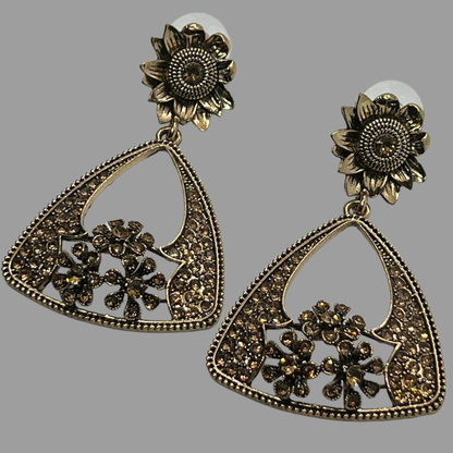 Gōld Rhinestone Floral Drop Earrings