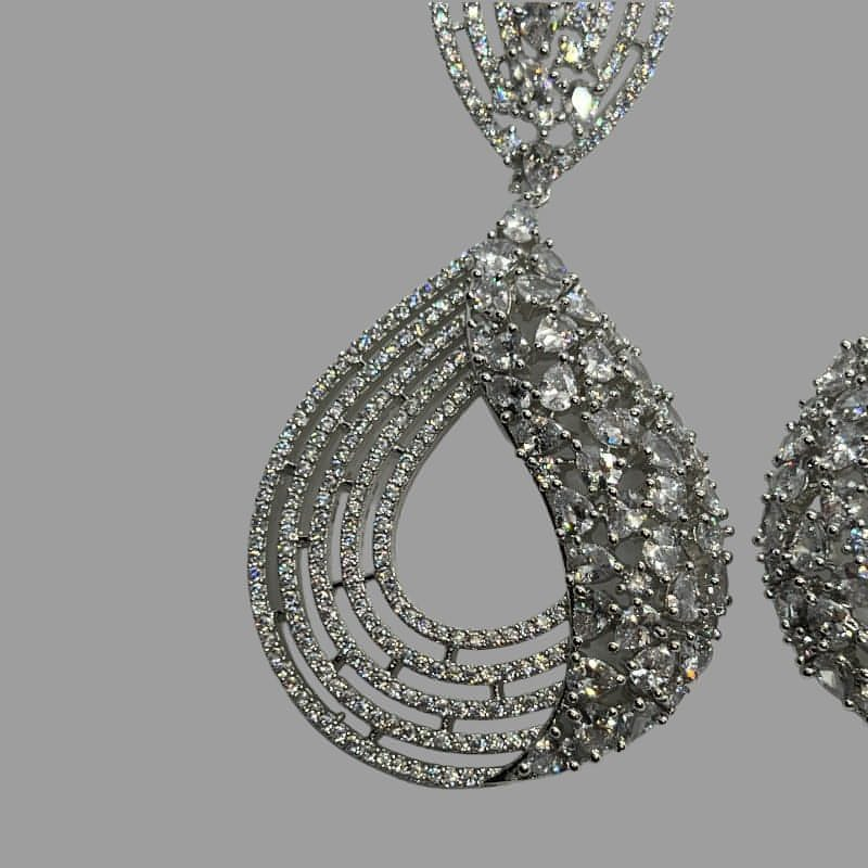 Rhodium Plated Tear Drop Cubic Zirconia Earrings